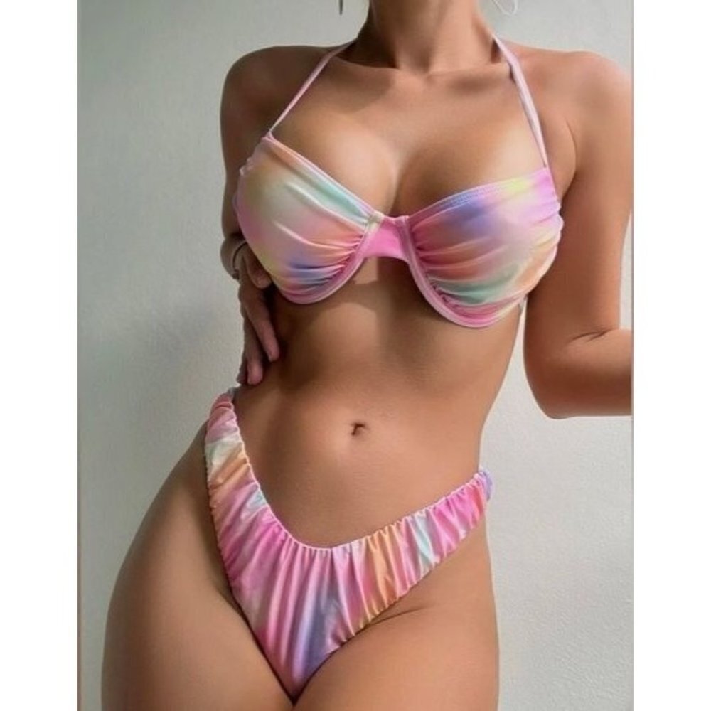 Beautiful Tie Dye Ruched Underwire Bikini Swimsuit